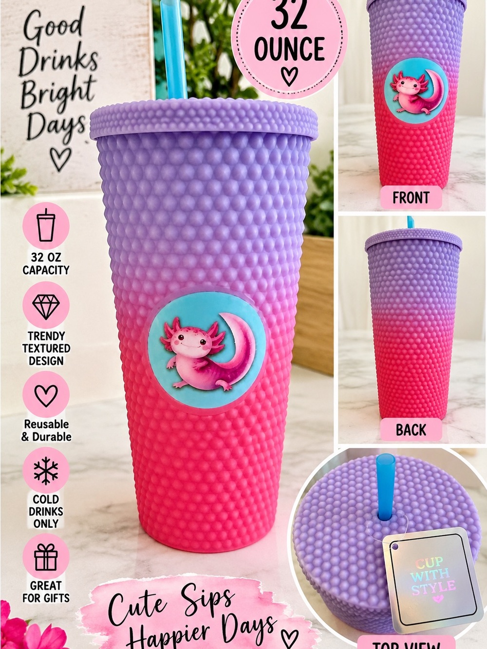 Gradient Pink to Purple Textured Party Tumbler with Axolotl Accent